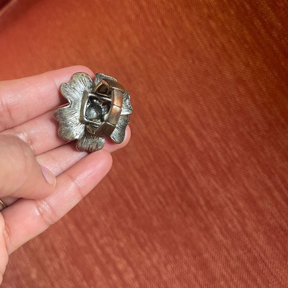 Large Silver Flower Statement Ring Adjustable Cocktail Jewelry Textured Petals - Picture 3 of 6